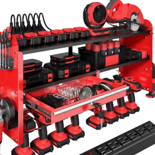 Red And Black Tool Rack With Accessories